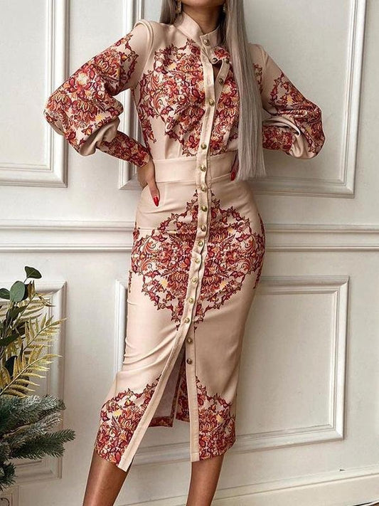 Printed Lapel Collar Long Sleeve Dress - Midi Dresses - INS | Online Fashion Free Shipping Clothing, Dresses, Tops, Shoes - 18/06/2021 - 40-50 - color-blue