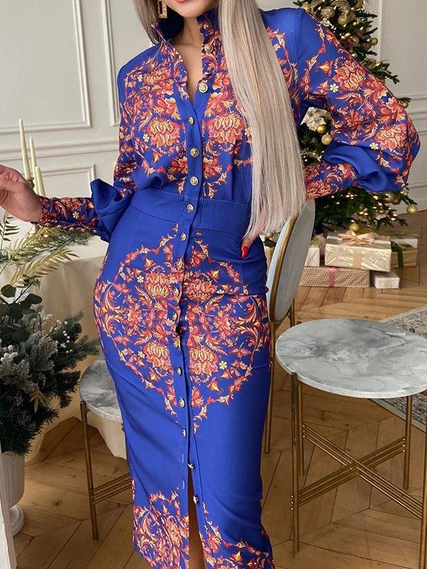 Printed Lapel Collar Long Sleeve Dress - Midi Dresses - INS | Online Fashion Free Shipping Clothing, Dresses, Tops, Shoes - 18/06/2021 - 40-50 - color-blue