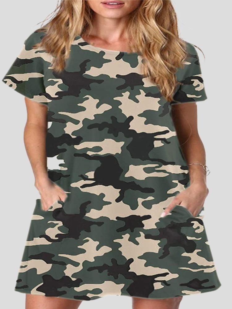 Printed Round Neck Short Sleeve Dress - Mini Dresses - INS | Online Fashion Free Shipping Clothing, Dresses, Tops, Shoes - 10-20 - 14/07/2021 - color-green