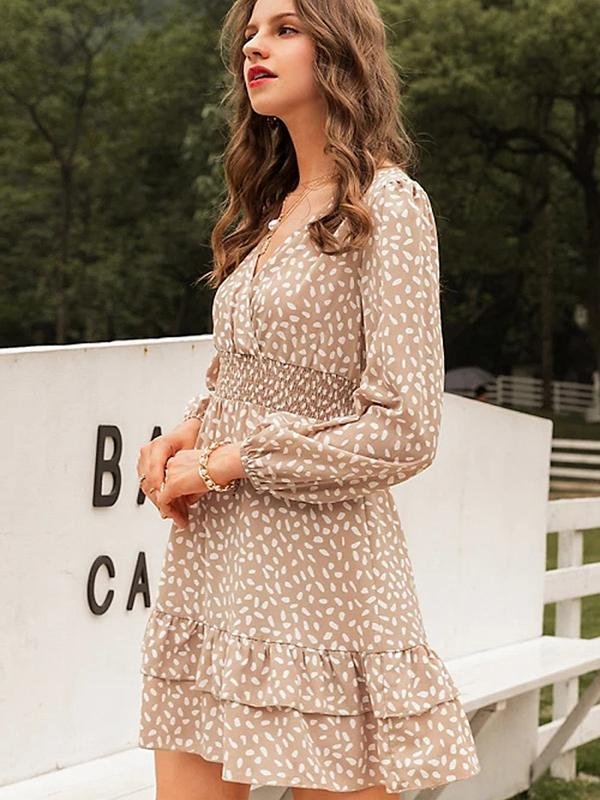Printed Ruffle Layer Hem Chiffon Princess Dress - Mini Dresses - INS | Online Fashion Free Shipping Clothing, Dresses, Tops, Shoes - 07/04/20211 - Apricot - DRE210407715