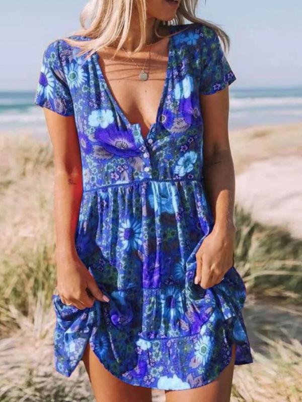 Printed V-Neck Short Sleeve Mini Dress - Mini Dresses - INS | Online Fashion Free Shipping Clothing, Dresses, Tops, Shoes - 05/17/2021 - Category_Mini Dresses - Color_Dark Blue
