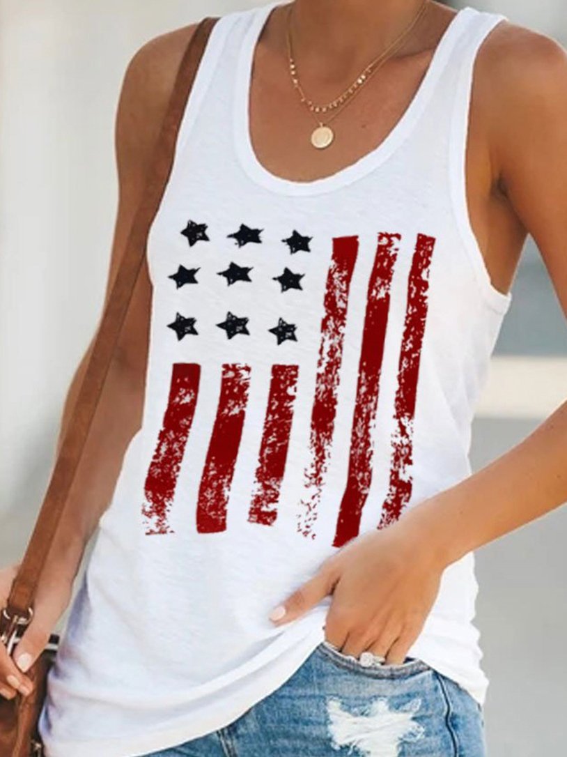 Red Star Stripe Print Round Neck Sleeveless Tank Tops - Tank Tops - INS | Online Fashion Free Shipping Clothing, Dresses, Tops, Shoes - 10/06/2021 - Category_Tank Tops - Color_White