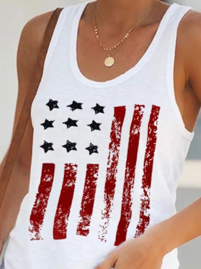 Red Star Stripe Print Round Neck Sleeveless Tank Tops - Tank Tops - INS | Online Fashion Free Shipping Clothing, Dresses, Tops, Shoes - 10/06/2021 - Category_Tank Tops - Color_White