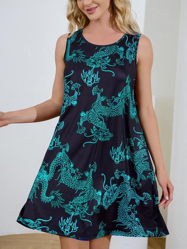 Retro Dragon Print Sleeveless Short Dress - Mini Dresses - INS | Online Fashion Free Shipping Clothing, Dresses, Tops, Shoes - 09/06/2021 - Color_Black - Color_Blue