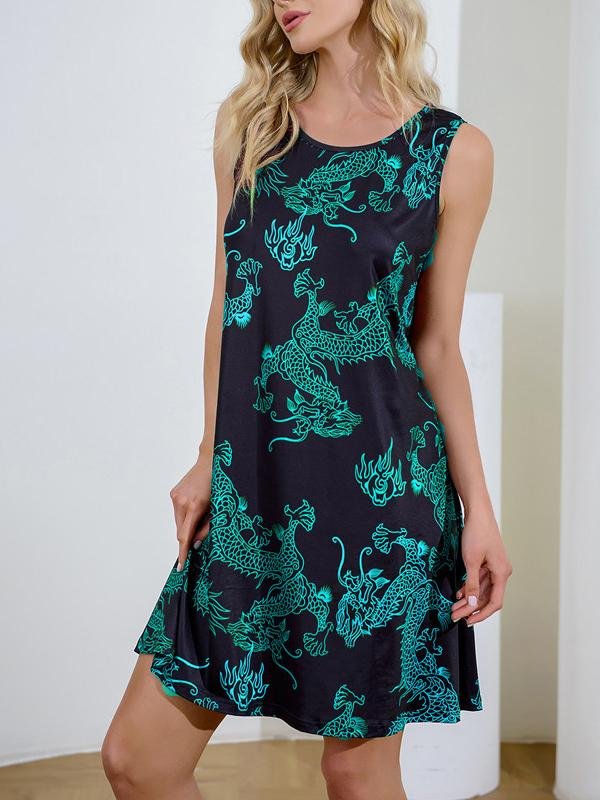 Retro Dragon Print Sleeveless Short Dress - Mini Dresses - INS | Online Fashion Free Shipping Clothing, Dresses, Tops, Shoes - 09/06/2021 - Color_Black - Color_Blue
