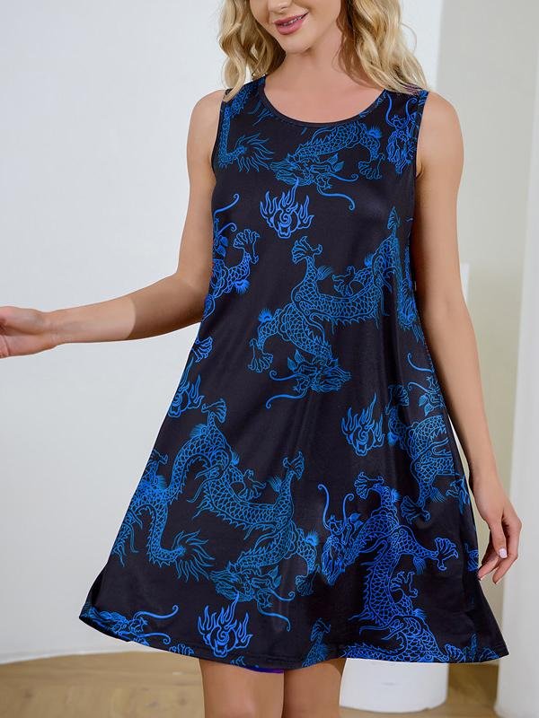 Retro Dragon Print Sleeveless Short Dress - Mini Dresses - INS | Online Fashion Free Shipping Clothing, Dresses, Tops, Shoes - 09/06/2021 - Color_Black - Color_Blue