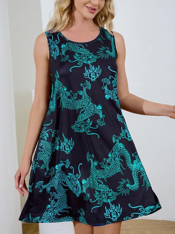 Retro Dragon Print Sleeveless Short Dress - Mini Dresses - INS | Online Fashion Free Shipping Clothing, Dresses, Tops, Shoes - 09/06/2021 - Color_Black - Color_Blue