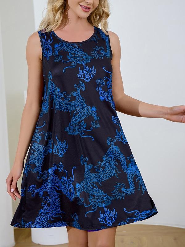 Retro Dragon Print Sleeveless Short Dress - Mini Dresses - INS | Online Fashion Free Shipping Clothing, Dresses, Tops, Shoes - 09/06/2021 - Color_Black - Color_Blue