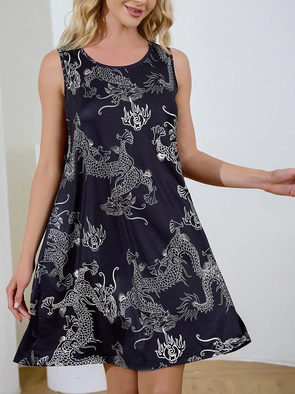 Retro Dragon Print Sleeveless Short Dress - Mini Dresses - INS | Online Fashion Free Shipping Clothing, Dresses, Tops, Shoes - 09/06/2021 - Color_Black - Color_Blue