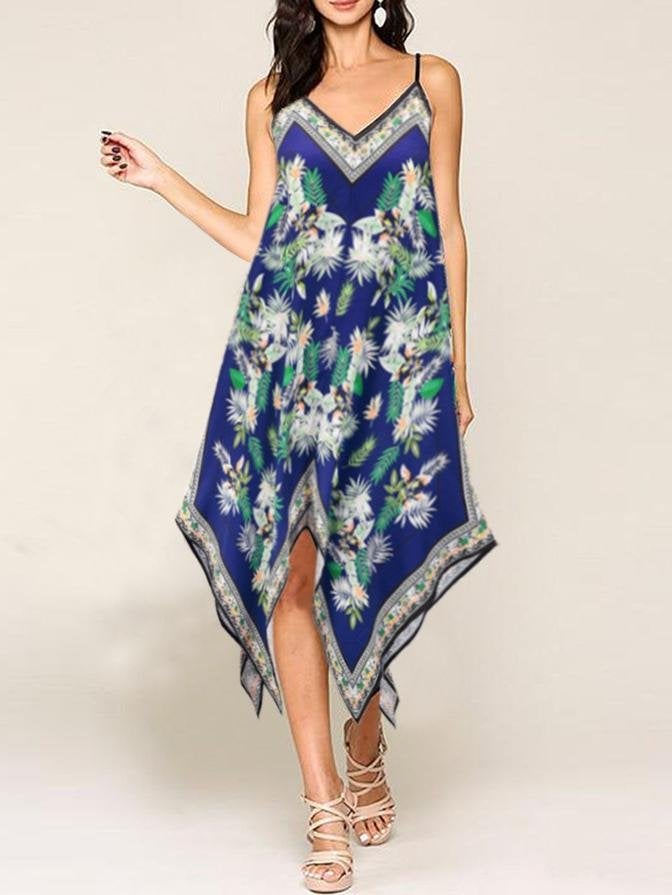 Retro Floral Print Suspender Loose Dress - Midi Dresses - INS | Online Fashion Free Shipping Clothing, Dresses, Tops, Shoes - 20-30 - 23/06/2021 - color-blue
