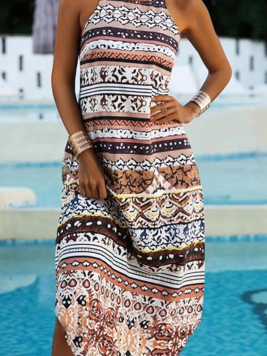 Retro Print Round Neck Sleeveless Long Dress - Midi Dresses - INS | Online Fashion Free Shipping Clothing, Dresses, Tops, Shoes - 04/06/2021 - Color_Blue - Color_Gray