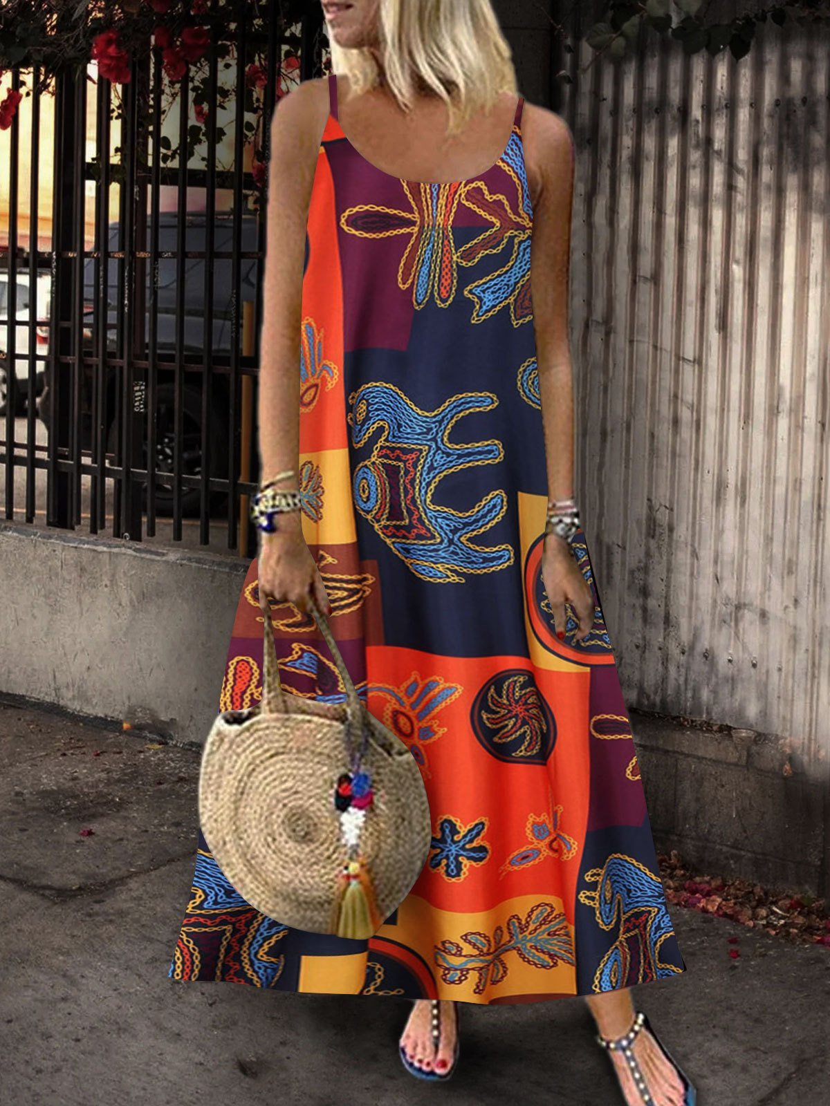 Retro Print Sleeveless U-neck Suspender Dress - Maxi Dresses - INS | Online Fashion Free Shipping Clothing, Dresses, Tops, Shoes - 05/07/2021 - 20-30 - color-red