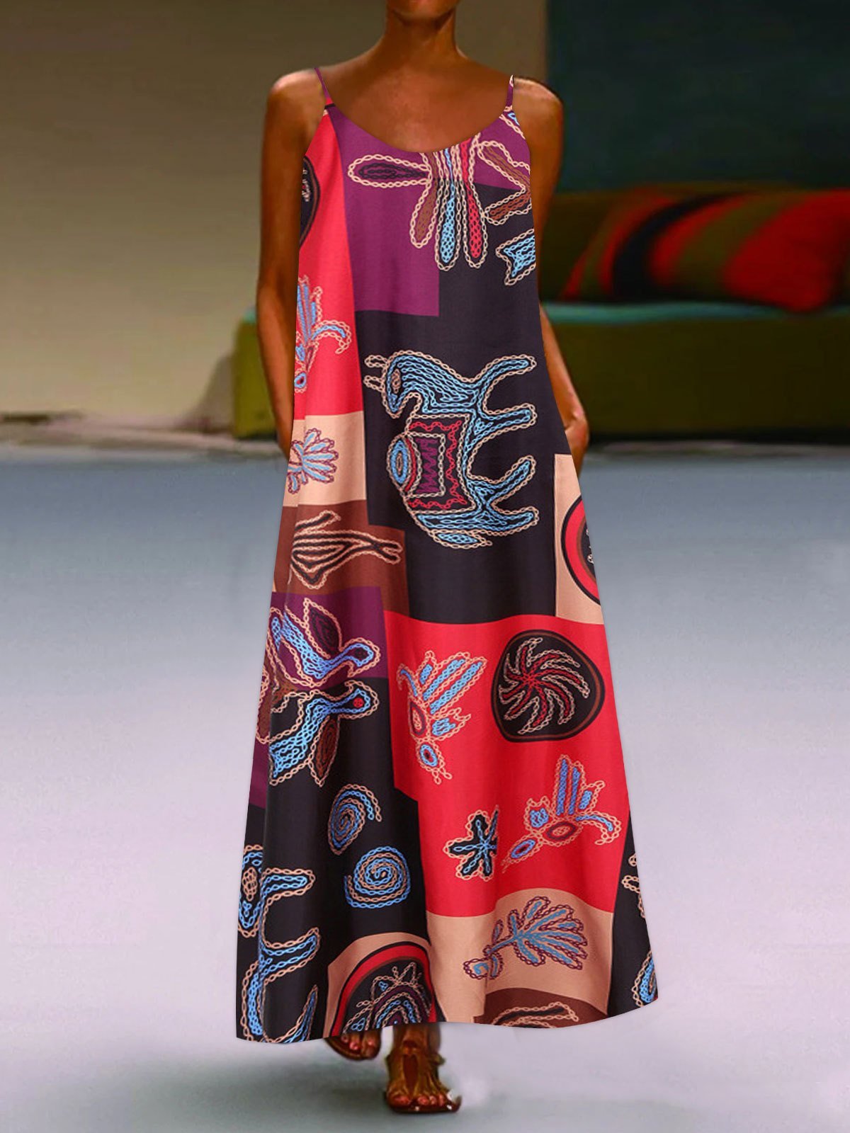 Retro Print Sleeveless U-neck Suspender Dress - Maxi Dresses - INS | Online Fashion Free Shipping Clothing, Dresses, Tops, Shoes - 05/07/2021 - 20-30 - color-red