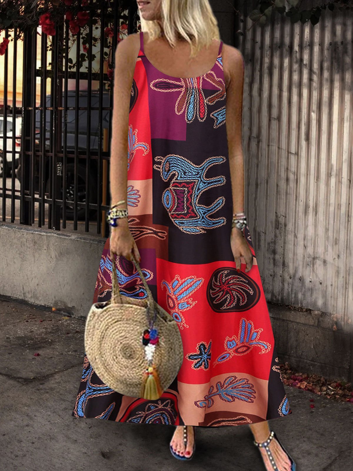 Retro Print Sleeveless U-neck Suspender Dress - Maxi Dresses - INS | Online Fashion Free Shipping Clothing, Dresses, Tops, Shoes - 05/07/2021 - 20-30 - color-red