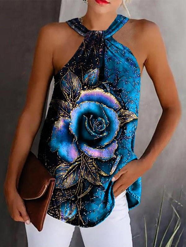 Rose Print Halterneck Strapless Tank Top - Tank Tops - INS | Online Fashion Free Shipping Clothing, Dresses, Tops, Shoes - 15/06/2021 - Color_Black - Color_Blue