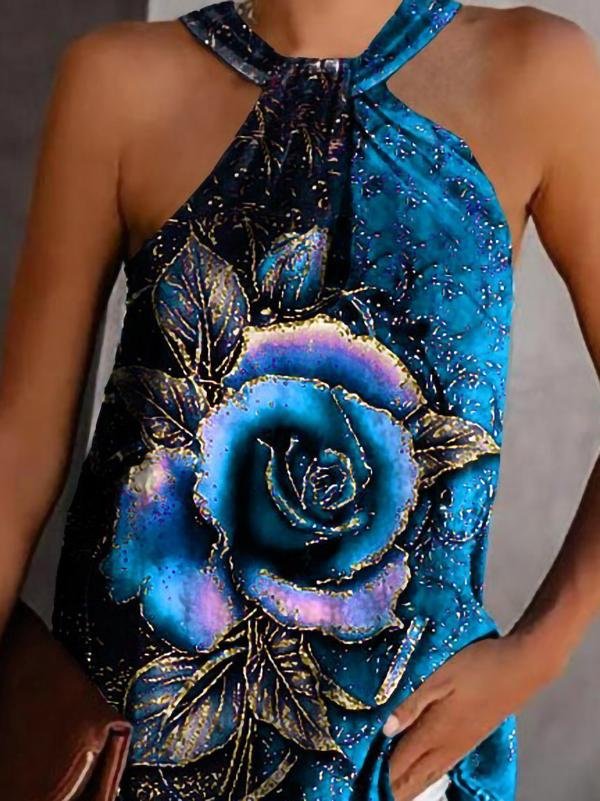 Rose Print Halterneck Strapless Tank Top - Tank Tops - INS | Online Fashion Free Shipping Clothing, Dresses, Tops, Shoes - 15/06/2021 - Color_Black - Color_Blue