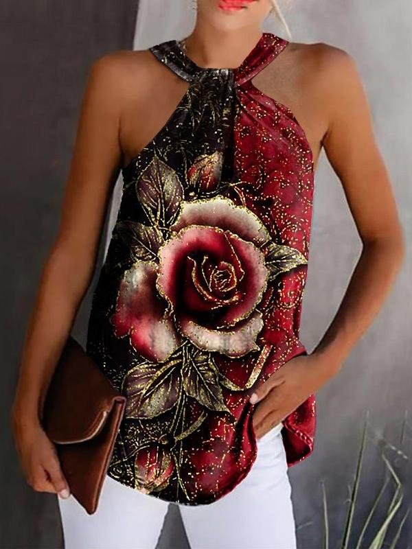 Rose Print Halterneck Strapless Tank Top - Tank Tops - INS | Online Fashion Free Shipping Clothing, Dresses, Tops, Shoes - 15/06/2021 - Color_Black - Color_Blue
