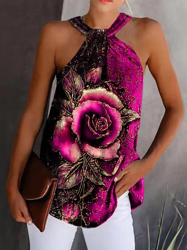 Rose Print Halterneck Strapless Tank Top - Tank Tops - INS | Online Fashion Free Shipping Clothing, Dresses, Tops, Shoes - 15/06/2021 - Color_Black - Color_Blue