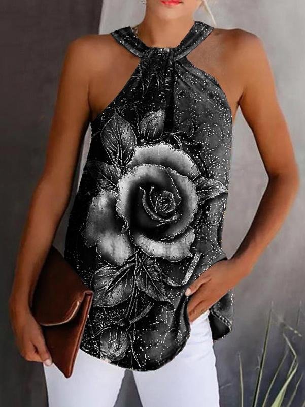 Rose Print Halterneck Strapless Tank Top - Tank Tops - INS | Online Fashion Free Shipping Clothing, Dresses, Tops, Shoes - 15/06/2021 - Color_Black - Color_Blue