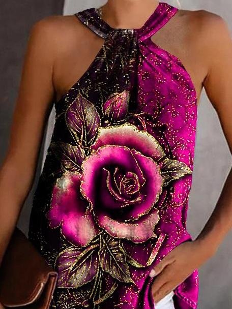 Rose Print Halterneck Strapless Tank Top - Tank Tops - INS | Online Fashion Free Shipping Clothing, Dresses, Tops, Shoes - 15/06/2021 - Color_Black - Color_Blue