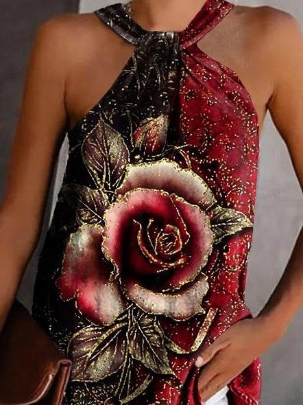 Rose Print Halterneck Strapless Tank Top - Tank Tops - INS | Online Fashion Free Shipping Clothing, Dresses, Tops, Shoes - 15/06/2021 - Color_Black - Color_Blue