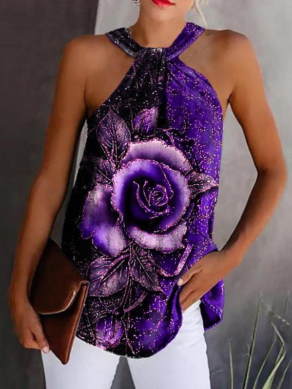 Rose Print Halterneck Strapless Tank Top - Tank Tops - INS | Online Fashion Free Shipping Clothing, Dresses, Tops, Shoes - 15/06/2021 - Color_Black - Color_Blue