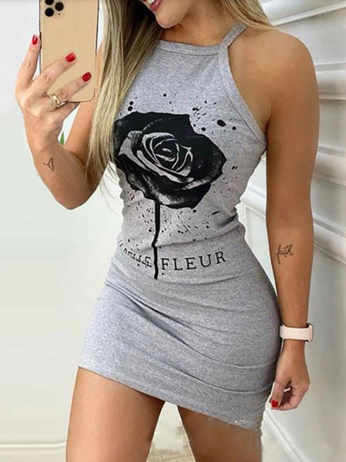Rose Print Sleeveless Slim Mini Dress - Mini Dresses - INS | Online Fashion Free Shipping Clothing, Dresses, Tops, Shoes - 09/07/2021 - 10-20 - Category_Mini Dresses