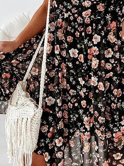 Round Neck Floral Print Short Sleeve Loose Dress - Mini Dresses - INS | Online Fashion Free Shipping Clothing, Dresses, Tops, Shoes - 09/06/2021 - Category_Mini Dresses - Color_Apricot