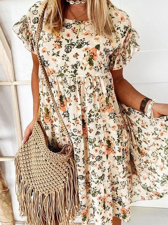 Round Neck Floral Print Short Sleeve Loose Dress - Mini Dresses - INS | Online Fashion Free Shipping Clothing, Dresses, Tops, Shoes - 09/06/2021 - Category_Mini Dresses - Color_Apricot