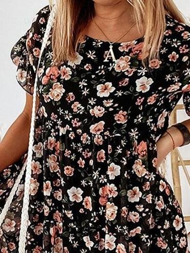 Round Neck Floral Print Short Sleeve Loose Dress - Mini Dresses - INS | Online Fashion Free Shipping Clothing, Dresses, Tops, Shoes - 09/06/2021 - Category_Mini Dresses - Color_Apricot