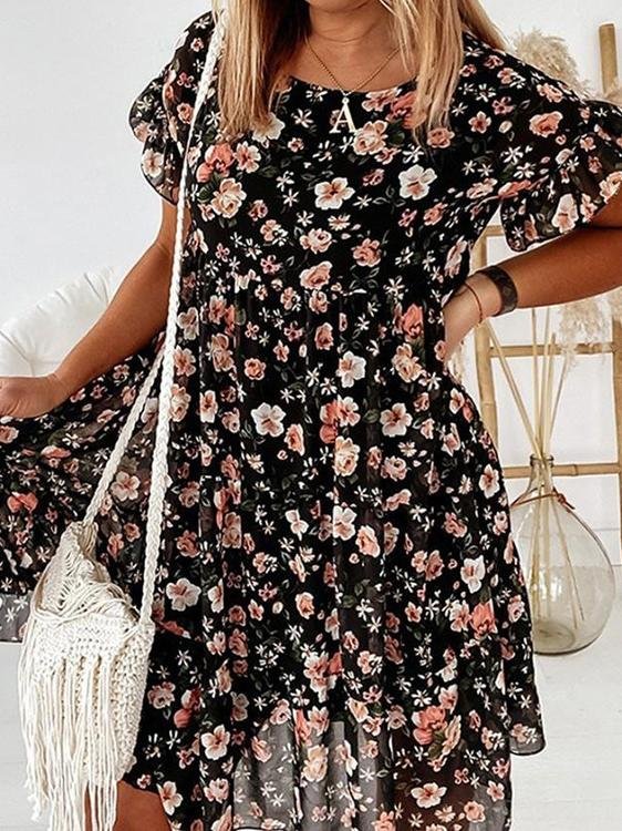 Round Neck Floral Print Short Sleeve Loose Dress - Mini Dresses - INS | Online Fashion Free Shipping Clothing, Dresses, Tops, Shoes - 09/06/2021 - Category_Mini Dresses - Color_Apricot