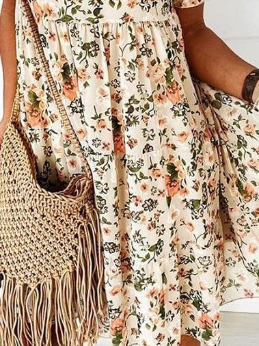 Round Neck Floral Print Short Sleeve Loose Dress - Mini Dresses - INS | Online Fashion Free Shipping Clothing, Dresses, Tops, Shoes - 09/06/2021 - Category_Mini Dresses - Color_Apricot