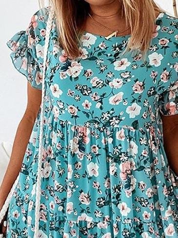 Round Neck Floral Print Short Sleeve Loose Dress - Mini Dresses - INS | Online Fashion Free Shipping Clothing, Dresses, Tops, Shoes - 09/06/2021 - Category_Mini Dresses - Color_Apricot
