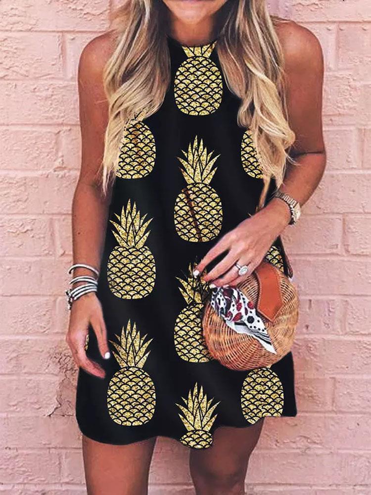 Round Neck Pineapple Print Suspender Dress - Mini Dresses - INS | Online Fashion Free Shipping Clothing, Dresses, Tops, Shoes - 11/06/2021 - Color_Black - DRE2106110383