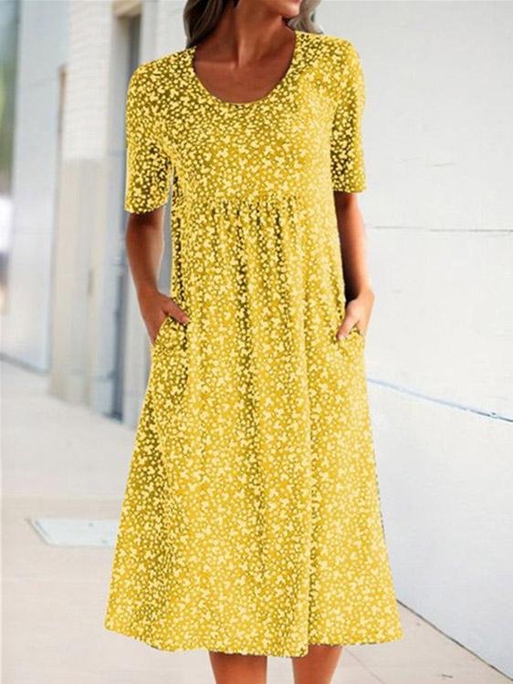 Round Neck Short Sleeve Floral Print Dress - Midi Dresses - INS | Online Fashion Free Shipping Clothing, Dresses, Tops, Shoes - 20-30 - 27/07/2021 - Category_Midi Dresses