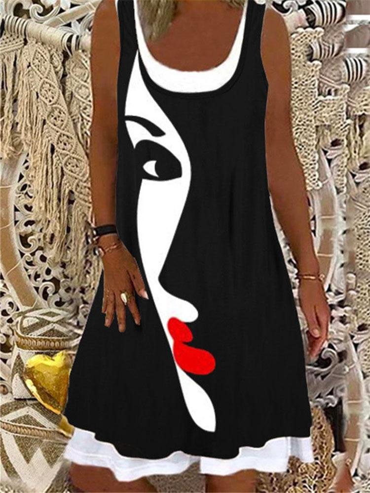 Round Neck Stitching Printed Loose Dress - Mini Dresses - INS | Online Fashion Free Shipping Clothing, Dresses, Tops, Shoes - 05/06/2021 - Color_Black - Color_Gray