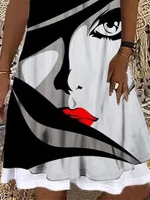 Round Neck Stitching Printed Loose Dress - Mini Dresses - INS | Online Fashion Free Shipping Clothing, Dresses, Tops, Shoes - 05/06/2021 - Color_Black - Color_Gray