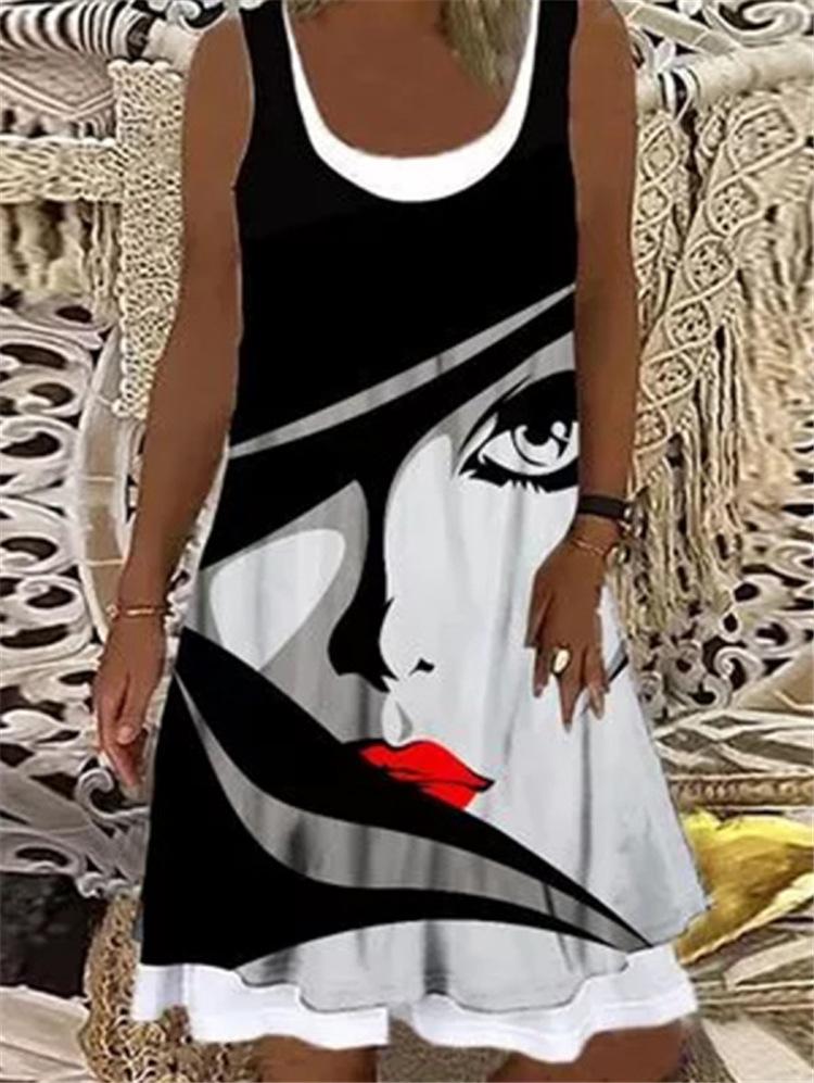 Round Neck Stitching Printed Loose Dress - Mini Dresses - INS | Online Fashion Free Shipping Clothing, Dresses, Tops, Shoes - 05/06/2021 - Color_Black - Color_Gray