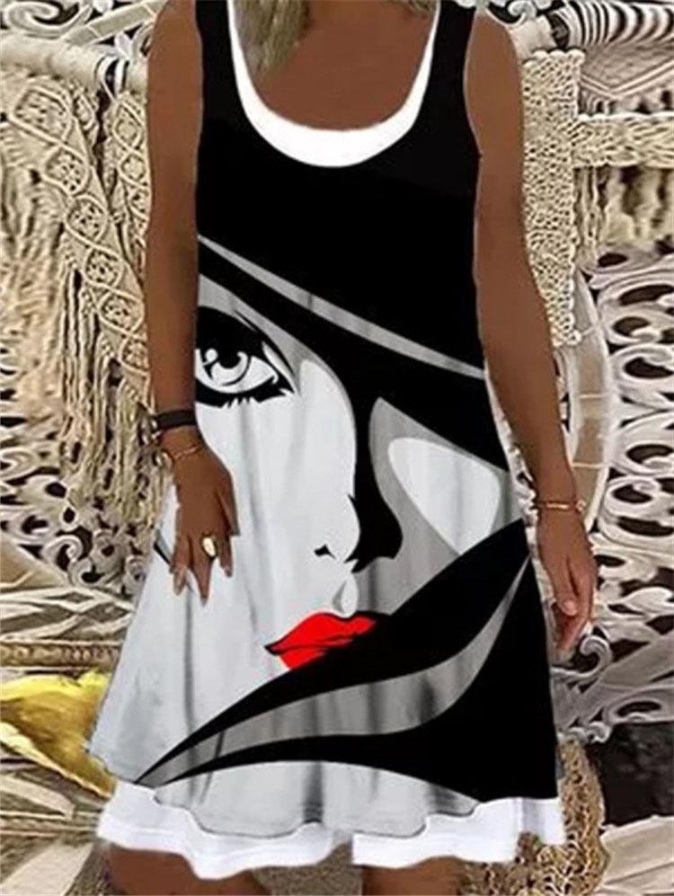 Round Neck Stitching Printed Loose Dress - Mini Dresses - INS | Online Fashion Free Shipping Clothing, Dresses, Tops, Shoes - 05/06/2021 - Color_Black - Color_Gray