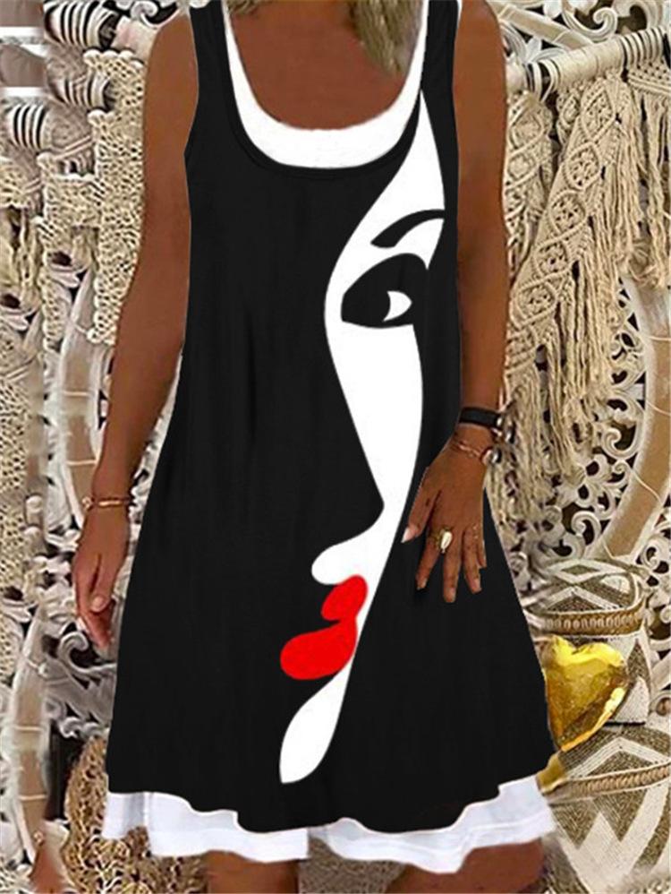 Round Neck Stitching Printed Loose Dress - Mini Dresses - INS | Online Fashion Free Shipping Clothing, Dresses, Tops, Shoes - 05/06/2021 - Color_Black - Color_Gray