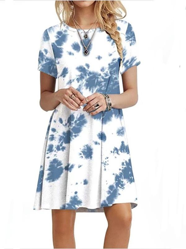 Round Neck Tie-dye Gradient Print Short-sleeved Loose Dress - Mini Dresses - INS | Online Fashion Free Shipping Clothing, Dresses, Tops, Shoes - 05/17/2021 - Category_Mini Dresses - Color_Blue And White