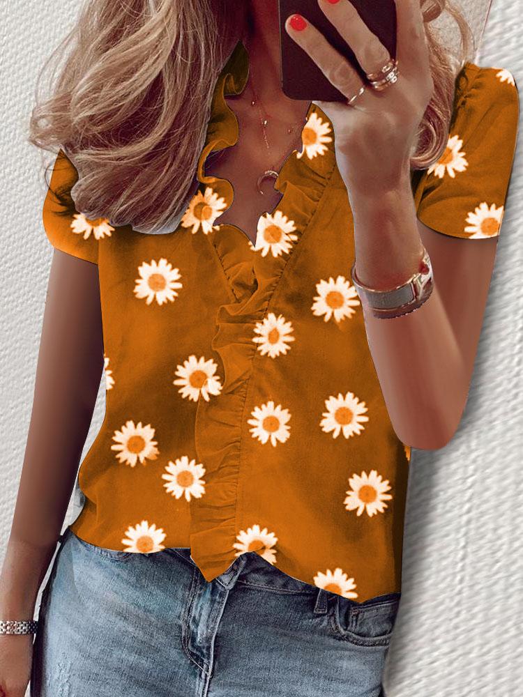 Ruffled Short Sleeve Daisy Print V-Neck Blouses - Blouses - INS | Online Fashion Free Shipping Clothing, Dresses, Tops, Shoes - 10-20 - 17/07/2021 - BLO2107171201