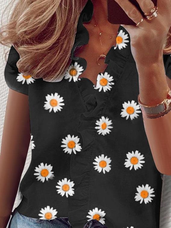 Ruffled Short Sleeve Daisy Print V-Neck Blouses - Blouses - INS | Online Fashion Free Shipping Clothing, Dresses, Tops, Shoes - 10-20 - 17/07/2021 - BLO2107171201