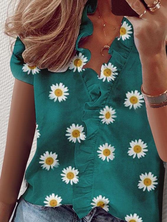 Ruffled Short Sleeve Daisy Print V-Neck Blouses - Blouses - INS | Online Fashion Free Shipping Clothing, Dresses, Tops, Shoes - 10-20 - 17/07/2021 - BLO2107171201