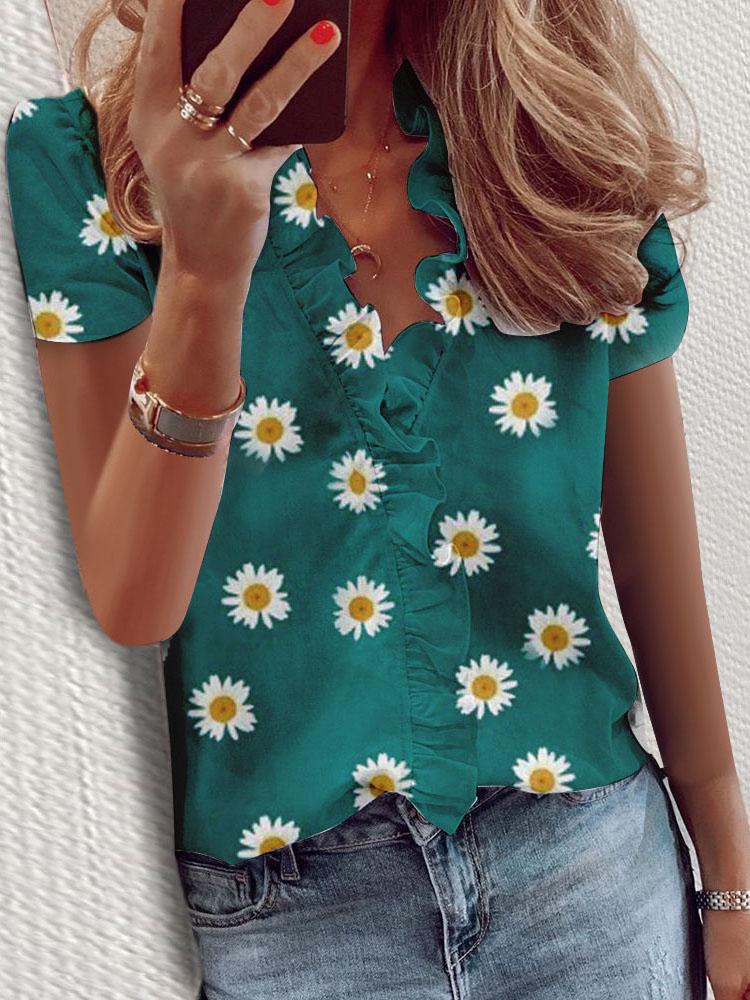 Ruffled Short Sleeve Daisy Print V-Neck Blouses - Blouses - INS | Online Fashion Free Shipping Clothing, Dresses, Tops, Shoes - 10-20 - 17/07/2021 - BLO2107171201