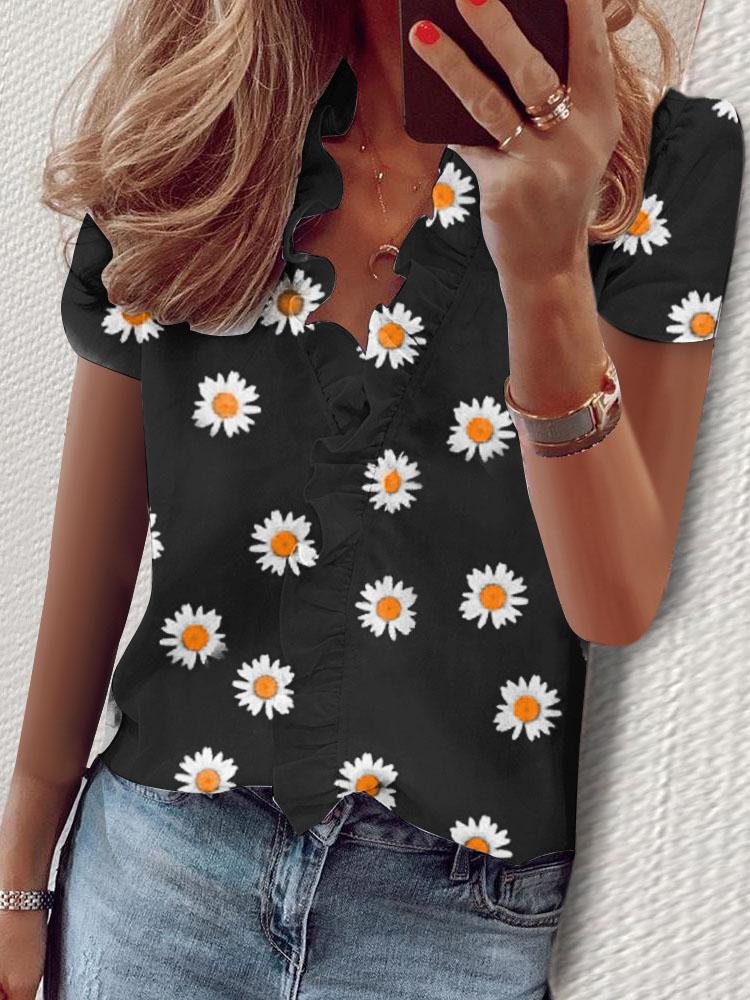 Ruffled Short Sleeve Daisy Print V-Neck Blouses - Blouses - INS | Online Fashion Free Shipping Clothing, Dresses, Tops, Shoes - 10-20 - 17/07/2021 - BLO2107171201