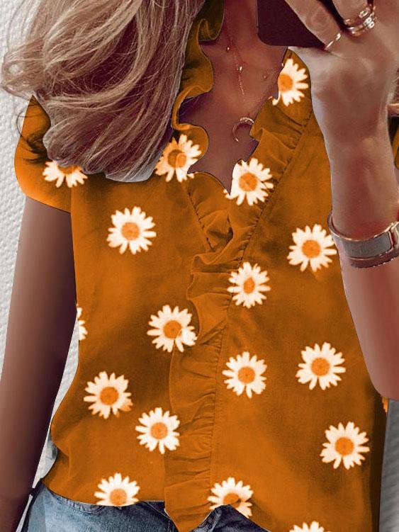 Ruffled Short Sleeve Daisy Print V-Neck Blouses - Blouses - INS | Online Fashion Free Shipping Clothing, Dresses, Tops, Shoes - 10-20 - 17/07/2021 - BLO2107171201