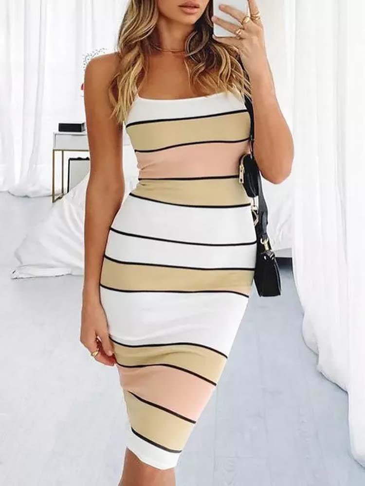 Skinny Striped Round Neck Suspender Dress - Mini Dresses - INS | Online Fashion Free Shipping Clothing, Dresses, Tops, Shoes - 11/06/2021 - Color_Yellow - DRE2106110384