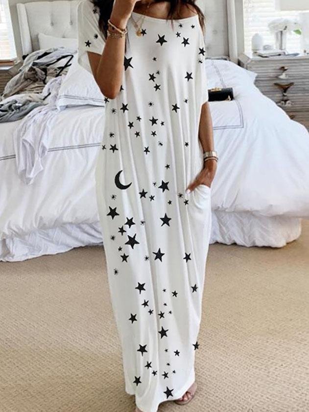 Star And Moon Print Short Sleeve Maxi Dress - Maxi Dresses - INS | Online Fashion Free Shipping Clothing, Dresses, Tops, Shoes - 02/06/2021 - Category_Maxi Dresses - Color_Blue