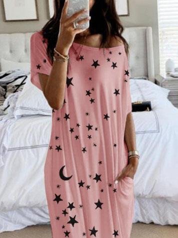 Star And Moon Print Short Sleeve Maxi Dress - Maxi Dresses - INS | Online Fashion Free Shipping Clothing, Dresses, Tops, Shoes - 02/06/2021 - Category_Maxi Dresses - Color_Blue